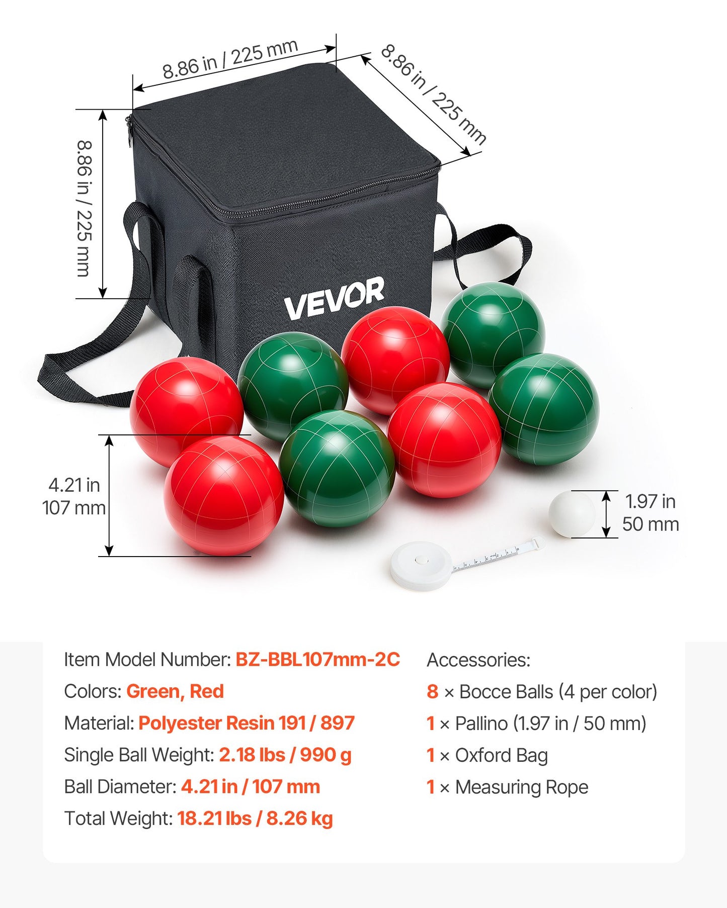 Bocce Ball Set, 107 mm, with 8 Resin Balls, Pallino, Carrying Bag and Measuring Rope, Red and Green 2 Colors, for 2 to 8 Players, Bocce Ball Game Set for Beach, Lawn, Family Backyard, Outdoor