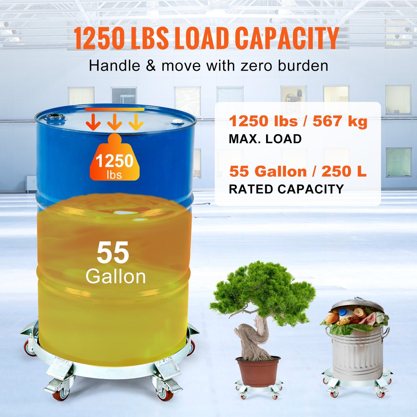 208.2 L Heavy Duty Drum Dolly, 567 kg Load Capacity, Barrel Dolly Cart Drum Caddy, Non Tipping Hand Truck Capacity Dollies with Steel Frame 5 Swivel Casters Wheel, for Warehouse Drum Handling