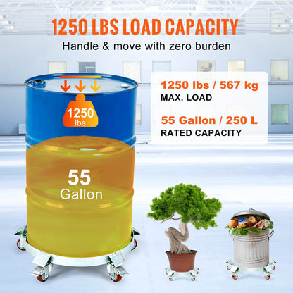 208.2 L Heavy Duty Drum Dolly, 567 kg Load Capacity, Barrel Dolly Cart Drum Caddy, Non Tipping Hand Truck Capacity Dollies with Steel Frame 5 Swivel Casters Wheel, for Warehouse Drum Handling