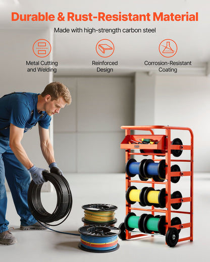 Wire Spool Rack, 11 Rods, Multi-Spool Wire Rack Dispenser, Cable Caddy with Wheels, Cable Holder with Storage Tray for Wiring Storage, for Electrical, Industrial & Retail Use, Working Efficiency