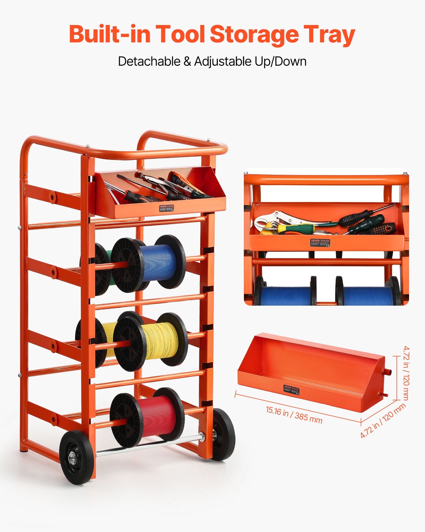 Wire Spool Rack, 11 Rods, Multi-Spool Wire Rack Dispenser, Cable Caddy with Wheels, Cable Holder with Storage Tray for Wiring Storage, for Electrical, Industrial & Retail Use, Working Efficiency