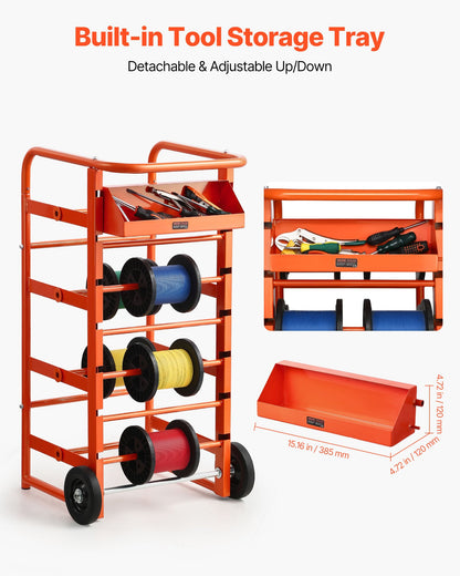 Wire Spool Rack, 11 Rods, Multi-Spool Wire Rack Dispenser, Cable Caddy with Wheels, Cable Holder with Storage Tray for Wiring Storage, for Electrical, Industrial & Retail Use, Working Efficiency