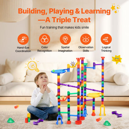 Marble Run Set, 150 Piece Marble Maze Building Block Brain Game, with 10 Glow in the Dark Marbles + 40 Glass Marbles, Educational Learning Race Track STEM Toys, for Kids, Boys, Girls Ages 3 +
