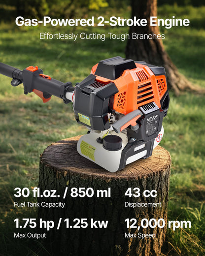 Gas Pole Saw, 43CC 2 Stroke Gas Powered Pole Saws with 25.4 cm Cutting Bar, Cordless Tree Trimmer with Rotatable Head, 2.1 to 3.6 m Extendable, Powerful Chainsaw for Tree Trimming Pruning