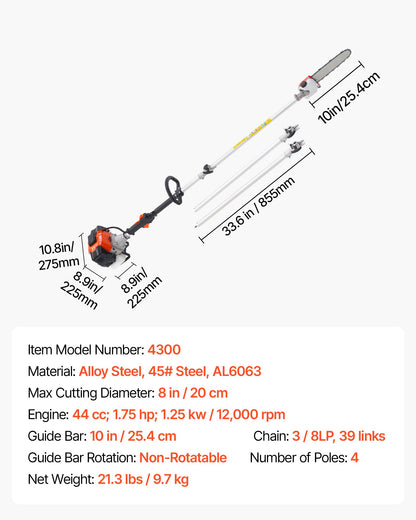 Bensindriven stångsåg, 33CC 2-takts bensindriven stångsåg med 20,3 cm skärsvärd, sladdlös trädtrimmer med 850 ml bränsletank, 2,08 till 3,58 m utdragbar, kraftfull motorsåg för trädbeskärning