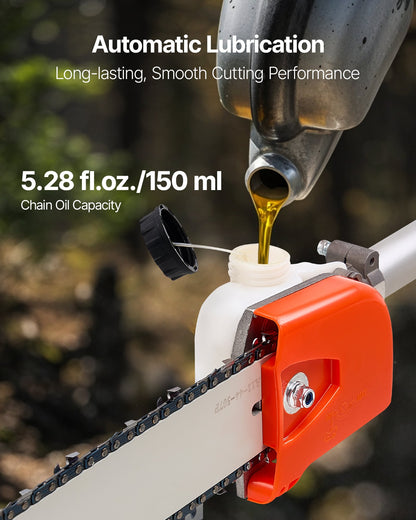 Bensindriven stångsåg, 25CC 2-takts bensindriven stångsåg med 30,5 cm skärsvärd, sladdlös trädtrimmer med 650 ml bränsletank, 2,12 till 3,62 m utdragbar, kraftfull motorsåg för trädbeskärning