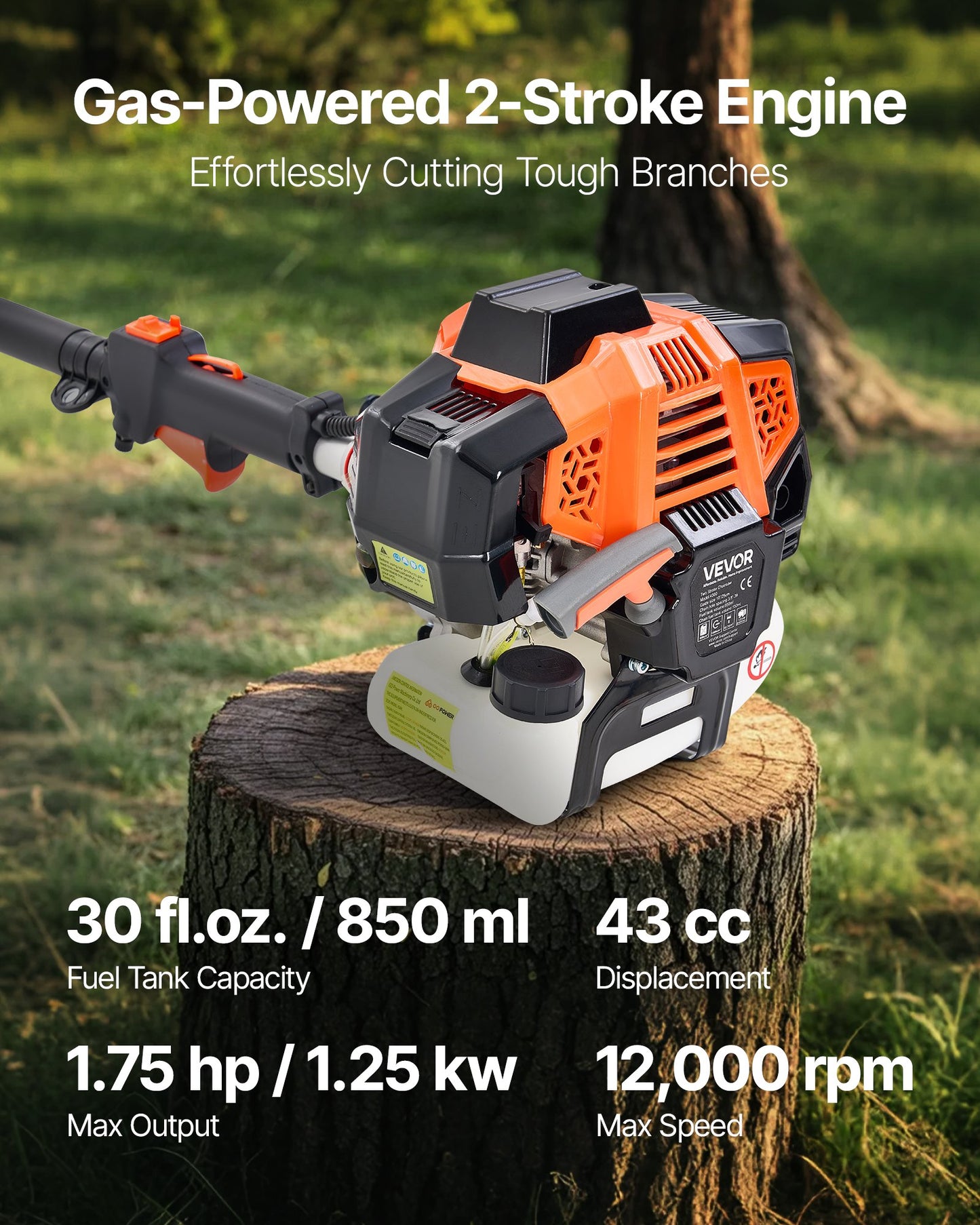 Bensindriven stångsåg, 43CC 2-takts bensindriven stångsåg med 30,48 cm skärsvärd, sladdlös trädtrimmer med roterbart huvud, 2,16 till 3,66 m utdragbar, kraftfull motorsåg för trädbeskärning