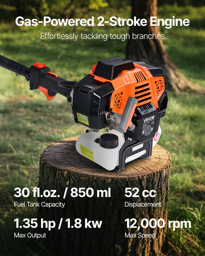 Bensindriven stångsåg, 33CC 2-takts bensindriven stångsåg med 35,6 cm skärsvärd, sladdlös trädtrimmer med 850 ml bränsletank, 2,2 till 2,94 m utdragbar, kraftfull motorsåg för trädbeskärning