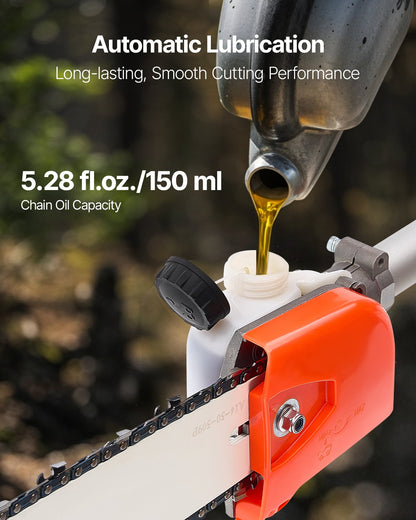 Bensindriven stångsåg, 33CC 2-takts bensindriven stångsåg med 35,6 cm skärsvärd, sladdlös trädtrimmer med 850 ml bränsletank, 2,2 till 2,94 m utdragbar, kraftfull motorsåg för trädbeskärning