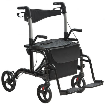 2 in 1 Rollator Walker & Transport Chair for Seniors, Folding Rolling Walker Wheelchair Combo & Footrests, Lightweight Aluminum Mobility Walker with Adjustable Handle, All Terrain Wheels, 136 kg