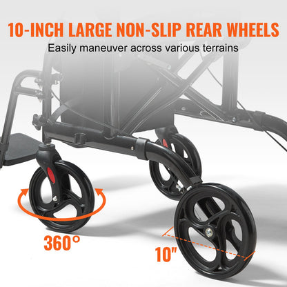 2 in 1 Rollator Walker & Transport Chair for Seniors, Folding Rolling Walker Wheelchair Combo & Footrests, Lightweight Aluminum Mobility Walker with Adjustable Handle, All Terrain Wheels, 136 kg