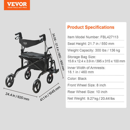 2 in 1 Rollator Walker & Transport Chair for Seniors, Folding Rolling Walker Wheelchair Combo & Footrests, Lightweight Aluminum Mobility Walker with Adjustable Handle, All Terrain Wheels, 136 kg