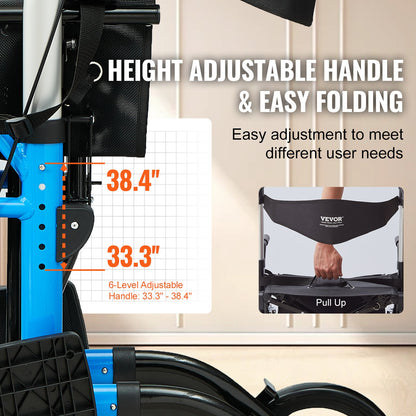 2-i-1 rullator och transportstol för seniorer, hopfällbar rullstolskombination och fotstöd, lätt aluminiummobilitetsgåbord med justerbart handtag, terränghjul, 136 kg