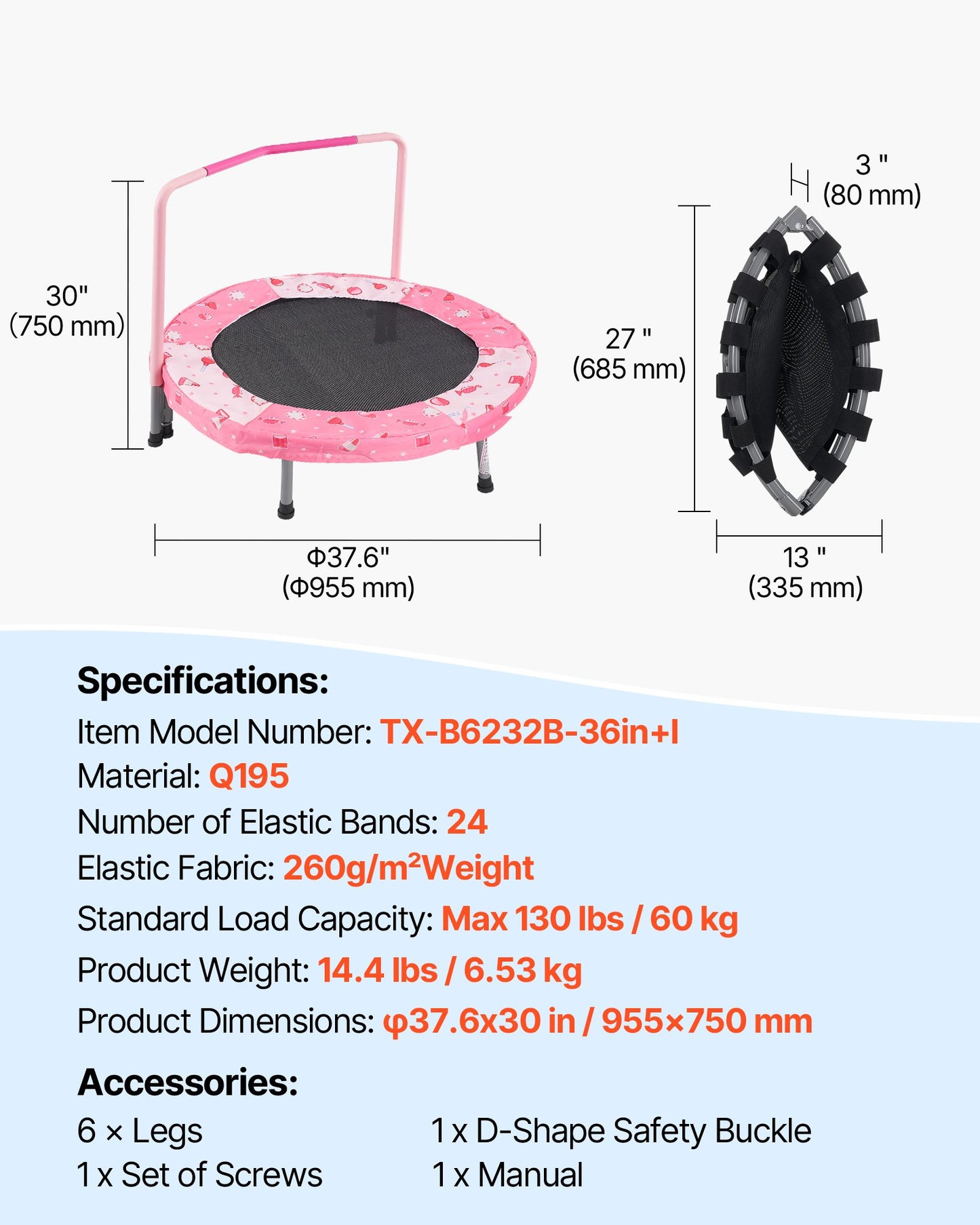 36" Kids Trampoline, 3FT Indoor Outdoor Trampoline, Foldable Mini Trampoline with Handle, Rebounder Trampoline for Toddlers, Birthday Gift for 3+ Years Children, Boys Girls for Fun, Red