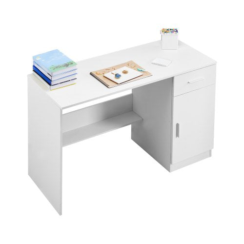 Small Desk with Drawer, Kids Desk for Bedroom, Wooden Simple Study Table for Drawing, Reading, Writing, Rectangle MDF Study Storage Table with Adjustable Shelf for Home, Office, White