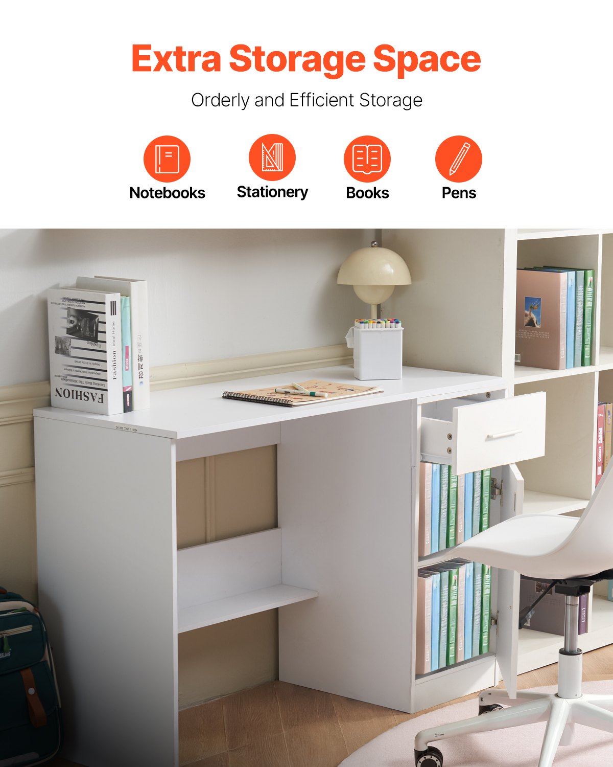 Small Desk with Drawer, Kids Desk for Bedroom, Wooden Simple Study Table for Drawing, Reading, Writing, Rectangle MDF Study Storage Table with Adjustable Shelf for Home, Office, White