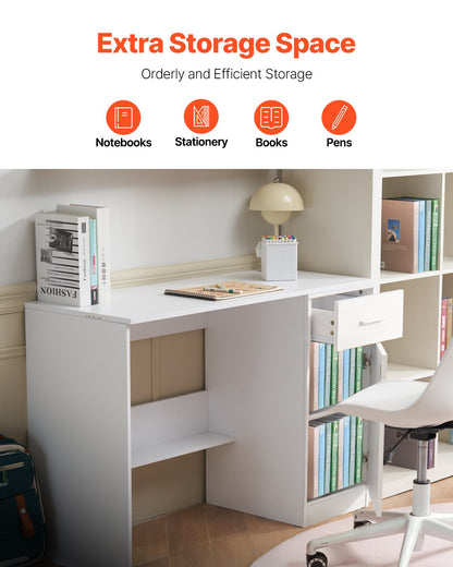 Small Desk with Drawer, Kids Desk for Bedroom, Wooden Simple Study Table for Drawing, Reading, Writing, Rectangle MDF Study Storage Table with Adjustable Shelf for Home, Office, White