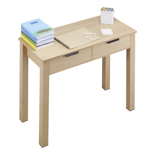 Small Desk with Drawers, Kids Desk for Bedroom, Modern Simple Study Table for Drawing, Reading, Writing, Rectangle MDF Furniture Study Storage Table for Home, Office, Light Wood