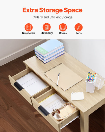 Small Desk with Drawers, Kids Desk for Bedroom, Modern Simple Study Table for Drawing, Reading, Writing, Rectangle MDF Furniture Study Storage Table for Home, Office, Light Wood