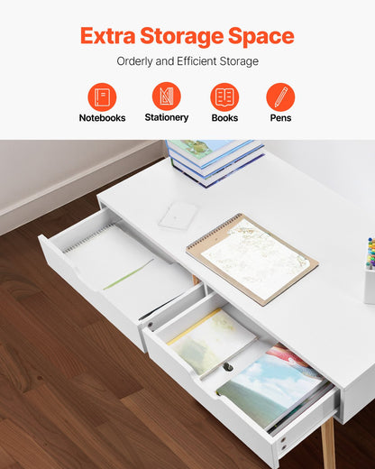 Small Desk with Drawers, Kids Desk for Bedroom, Wooden Simple Study Table for Drawing, Reading, Writing, Rectangle MDF Furniture Study Storage Table for Home, Office, White + Wood