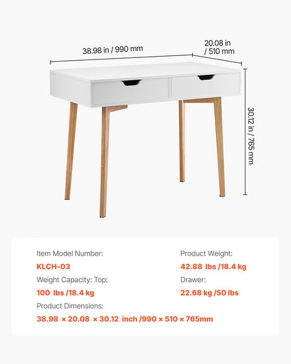 Small Desk with Drawers, Kids Desk for Bedroom, Wooden Simple Study Table for Drawing, Reading, Writing, Rectangle MDF Furniture Study Storage Table for Home, Office, White + Wood