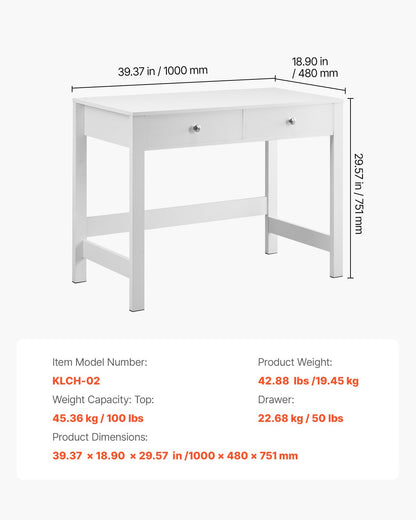 Small Desk with Drawers, Kids Desk for Bedroom, Modern Simple Study Table for Drawing, Reading, Writing, Rectangle MDF Furniture Study Storage Table for Home, Office, White