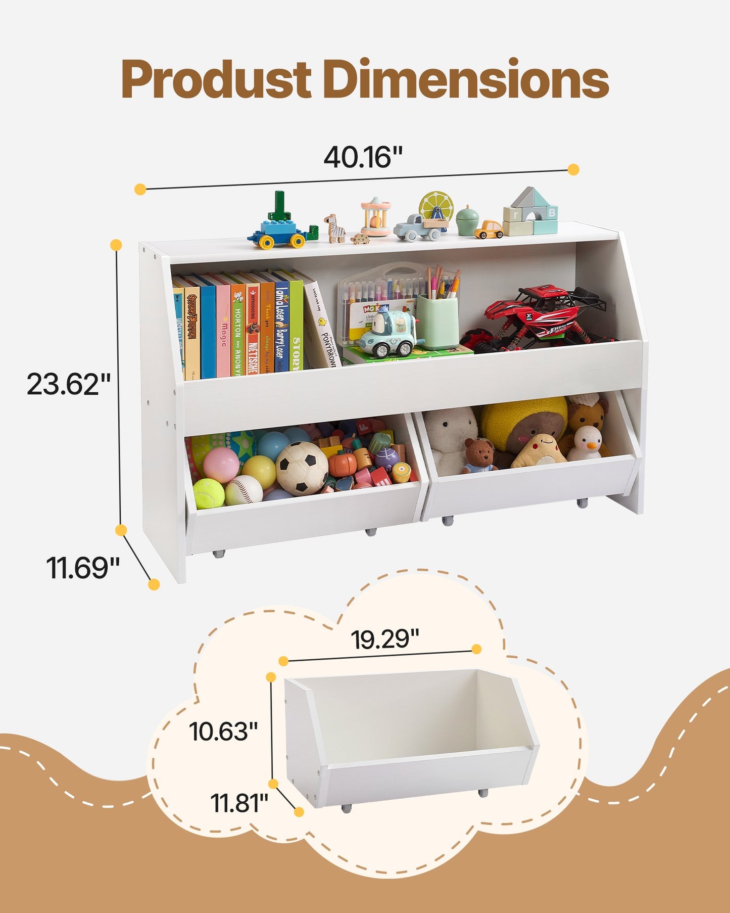 Leksaksförvaring, Träbokhylla för barn med förvaring, Leksaksskåp med 2 mobila lådor, Förvaringsorganisatör för barnrum, barnrum, vardagsrum, entré, förskola, vit
