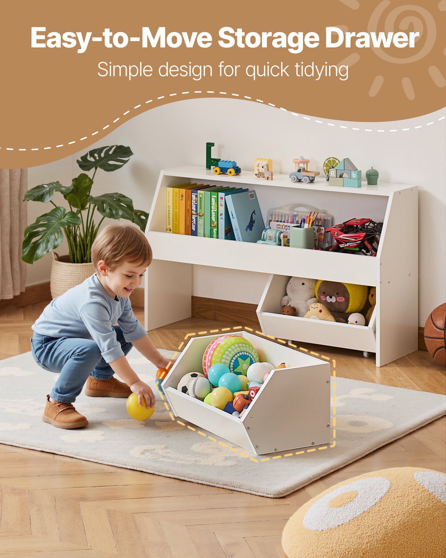 Leksaksförvaring, Träbokhylla för barn med förvaring, Leksaksskåp med 2 mobila lådor, Förvaringsorganisatör för barnrum, barnrum, vardagsrum, entré, förskola, vit