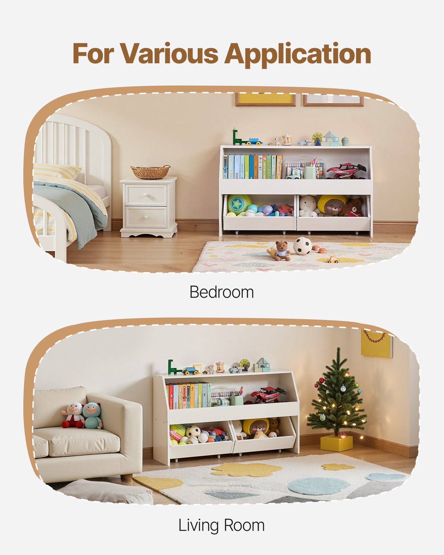 Leksaksförvaring, Träbokhylla för barn med förvaring, Leksaksskåp med 2 mobila lådor, Förvaringsorganisatör för barnrum, barnrum, vardagsrum, entré, förskola, vit