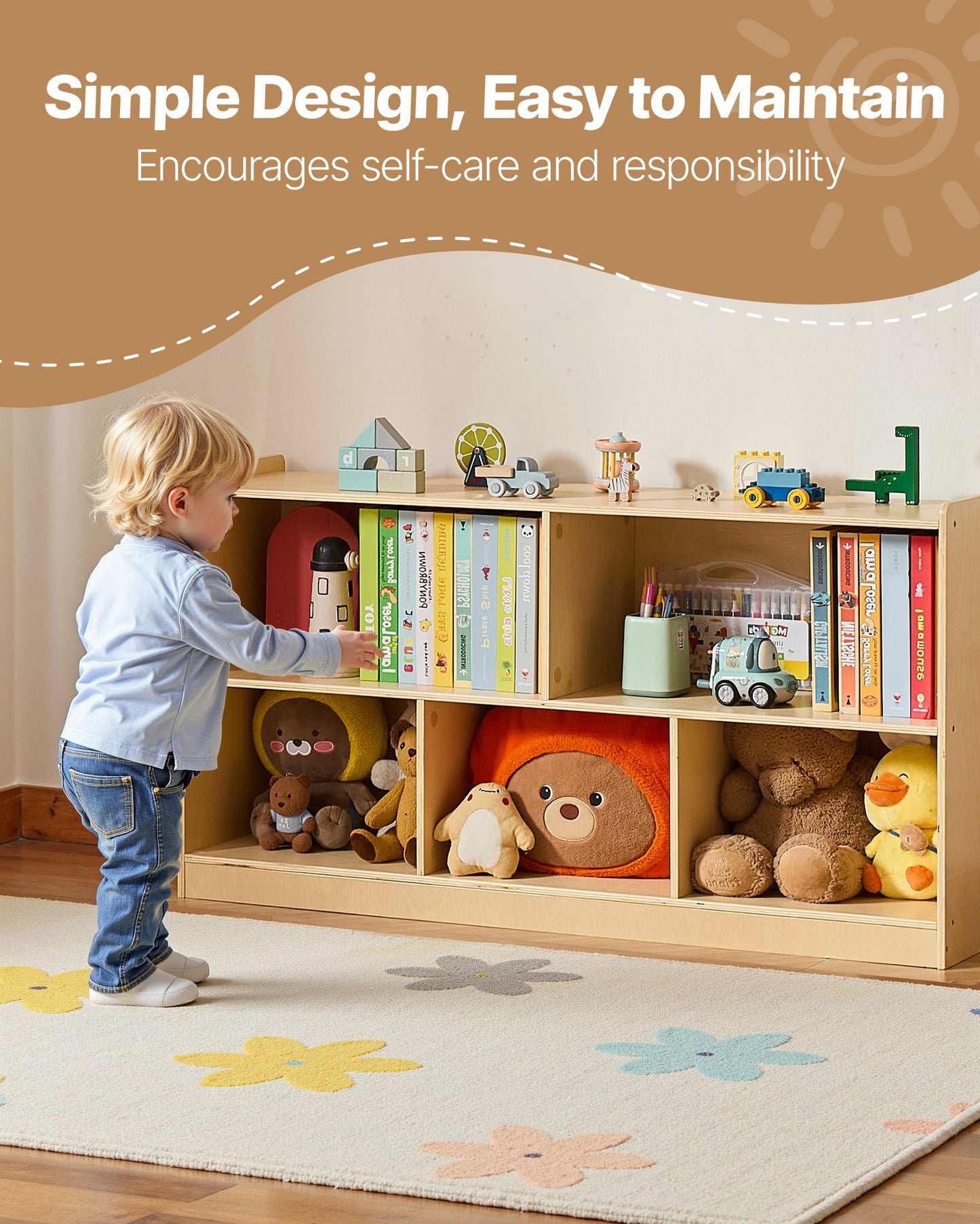 Montessori Bookshelf, 1140 mm Width Toy Storage Organizer, 5-Section Kids Display Storage Cabinet, Daycare Furniture, Kids Bookshelf for Bedroom, Nursery, Living Room, Entryway, Preschool, Brown