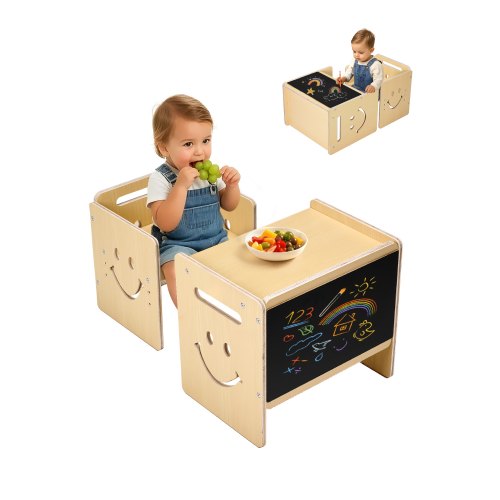 Montessori Weaning Table and Chair Set, 3 In 1 Wooden Toddler Table and Chairs with Chalkboard, Adjustable Height Montessori Table for Ages 1-5, Ideal for Drawing, Reading, Eating - Natural
