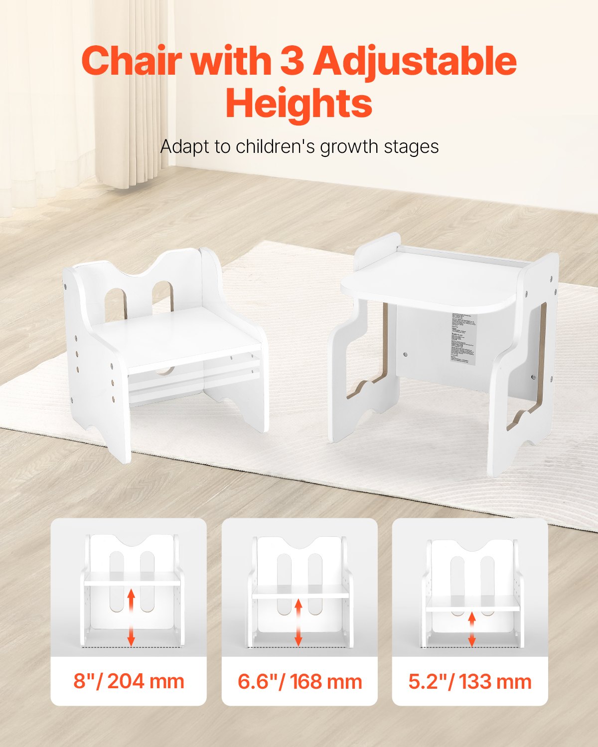 Montessori avvänjningsbord och stolsset, 3-i-1 träbord och stolar för småbarn med griffeltavla, justerbar höjd Montessoribord för åldrarna 1-5, perfekt för att rita, läsa, äta - vit