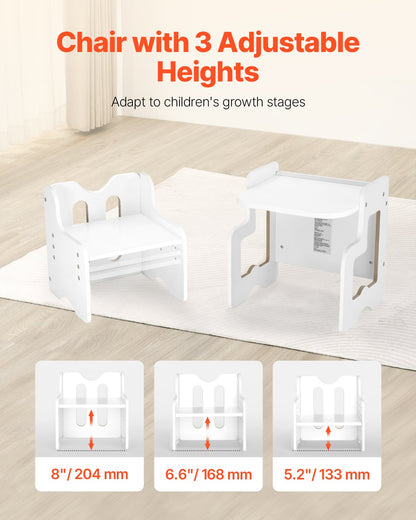 Montessori avvänjningsbord och stolsset, 3-i-1 träbord och stolar för småbarn med griffeltavla, justerbar höjd Montessoribord för åldrarna 1-5, perfekt för att rita, läsa, äta - vit