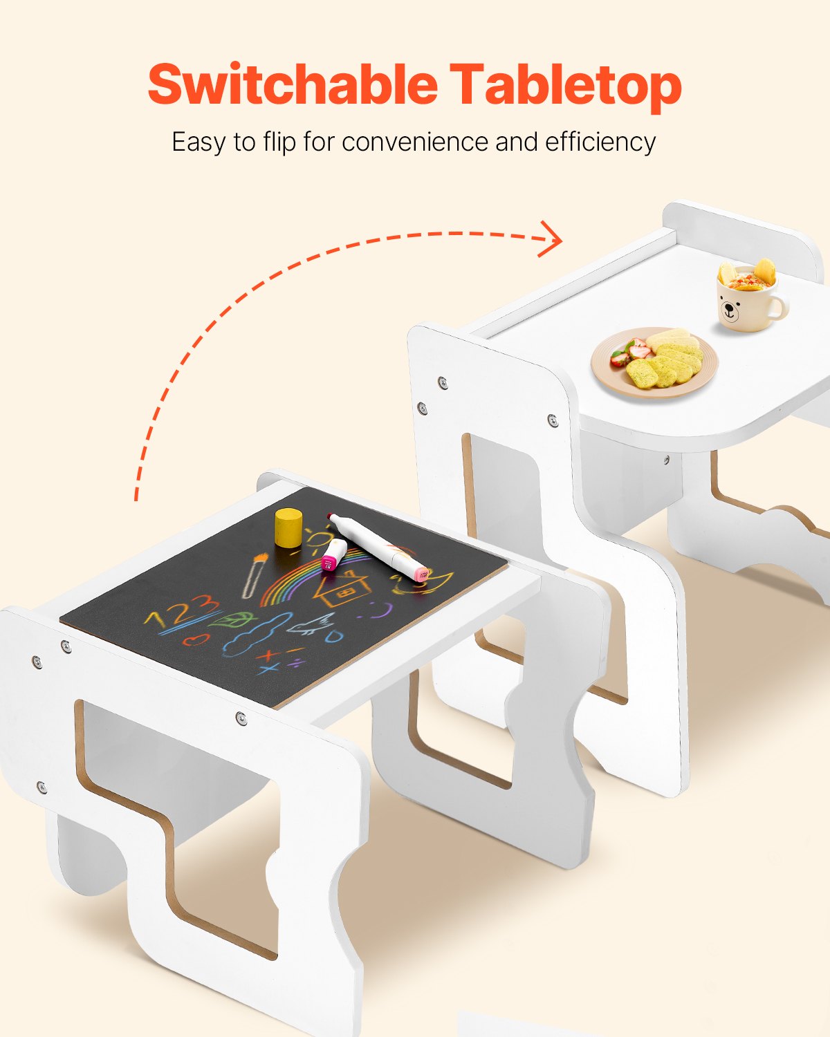 Montessori avvänjningsbord och stolsset, 3-i-1 träbord och stolar för småbarn med griffeltavla, justerbar höjd Montessoribord för åldrarna 1-5, perfekt för att rita, läsa, äta - vit