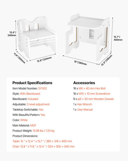 Montessori avvänjningsbord och stolsset, 3-i-1 träbord och stolar för småbarn med griffeltavla, justerbar höjd Montessoribord för åldrarna 1-5, perfekt för att rita, läsa, äta - vit