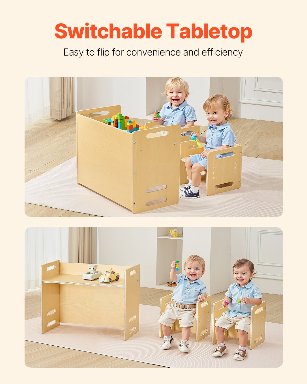 Montessori Weaning Table and Chair Set, Wooden Toddler Table and Chair Set with 2 Chairs, Adjustable Height Montessori Chair and Activity Table, Ideal for Reading, Eating, Playing - Natural