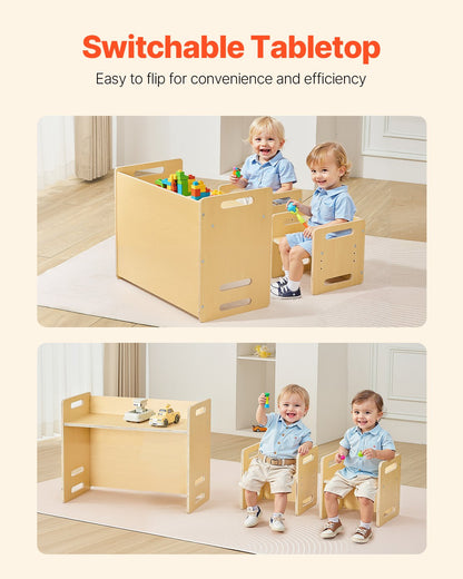 Montessori Weaning Table and Chair Set, Wooden Toddler Table and Chair Set with 2 Chairs, Adjustable Height Montessori Chair and Activity Table, Ideal for Reading, Eating, Playing - Natural