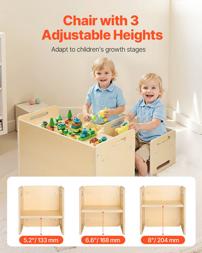 Montessori Weaning Table and Chair Set, Wooden Toddler Table and Chair Set with 2 Chairs, Adjustable Height Montessori Chair and Activity Table, Ideal for Reading, Eating, Playing - Natural