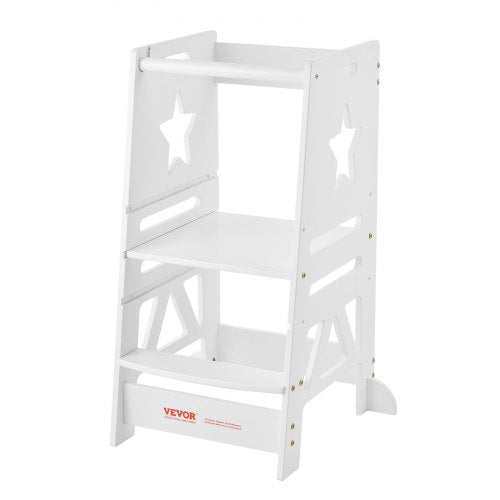 Tower Step Stool for Kids and Toddlers, 3-Level Height Adjustable Toddler Kitchen Stool Helper, Bamboo Standing Tower Learning Stool with Safety Rail for Bedroom Bathroom, 350LBS Loading, White