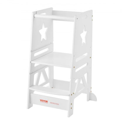 Tower Step Stool for Kids and Toddlers, 3-Level Height Adjustable Toddler Kitchen Stool Helper, Bamboo Standing Tower Learning Stool with Safety Rail for Bedroom Bathroom, 350LBS Loading, White