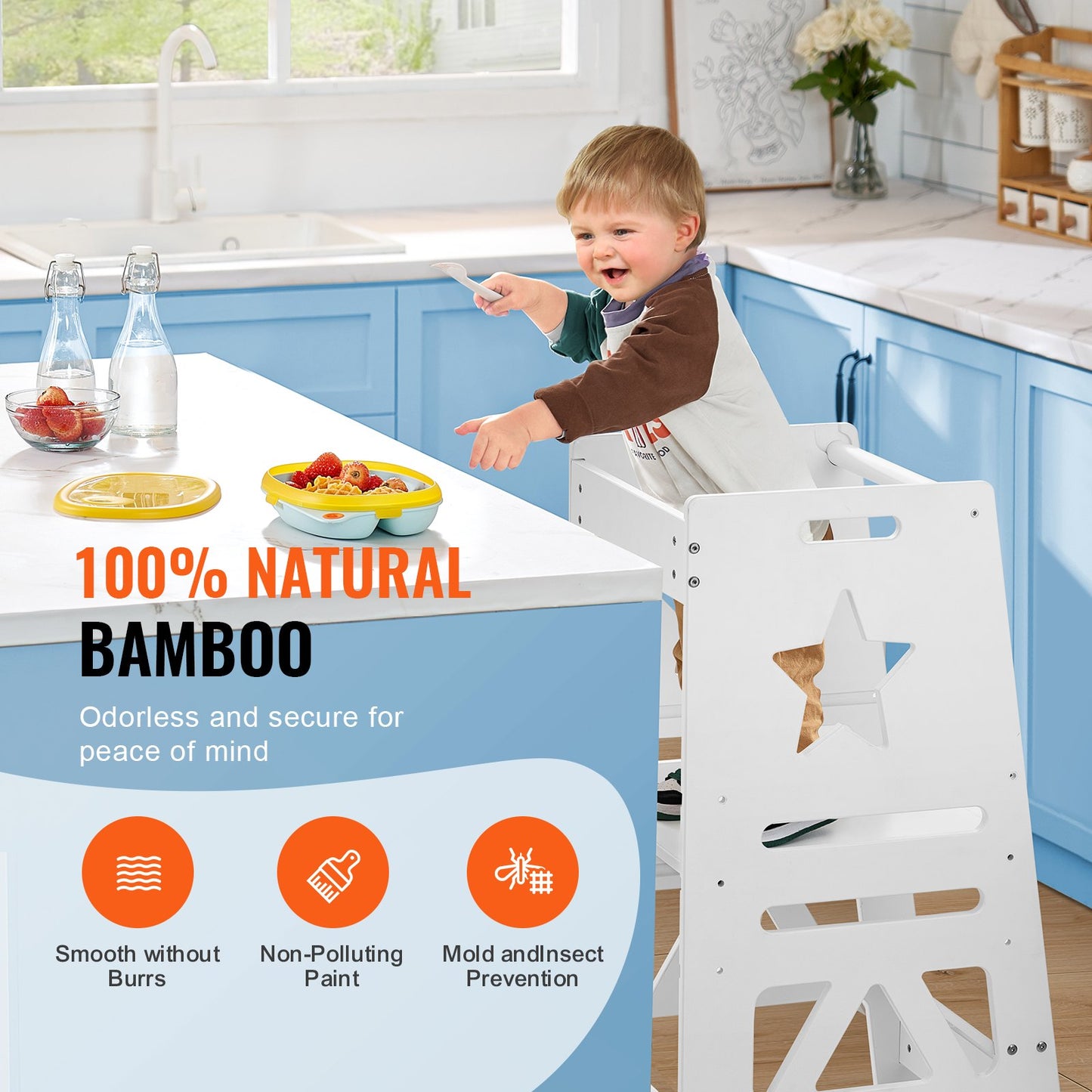 Tower Step Stool for Kids and Toddlers, 3-Level Height Adjustable Toddler Kitchen Stool Helper, Bamboo Standing Tower Learning Stool with Safety Rail for Bedroom Bathroom, 350LBS Loading, White
