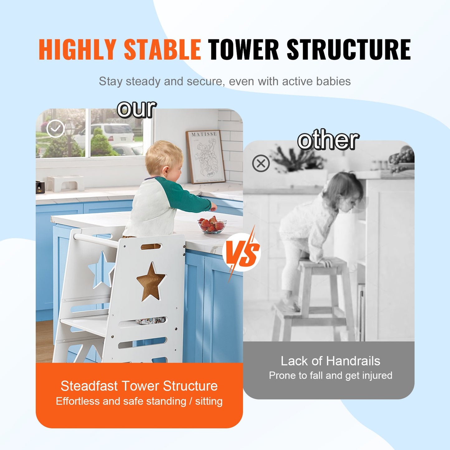 Tower Step Stool for Kids and Toddlers, 3-Level Height Adjustable Toddler Kitchen Stool Helper, Bamboo Standing Tower Learning Stool with Safety Rail for Bedroom Bathroom, 350LBS Loading, White