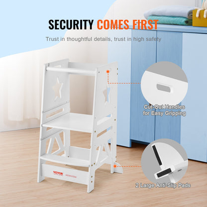 Tower Step Stool for Kids and Toddlers, 3-Level Height Adjustable Toddler Kitchen Stool Helper, Bamboo Standing Tower Learning Stool with Safety Rail for Bedroom Bathroom, 350LBS Loading, White