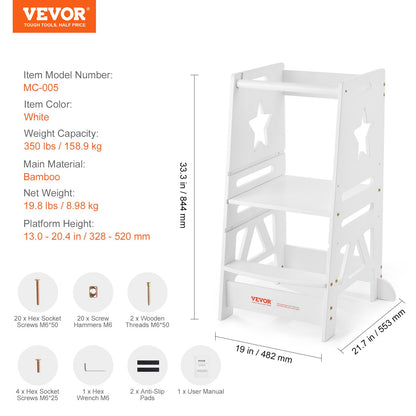 Tower Step Stool for Kids and Toddlers, 3-Level Height Adjustable Toddler Kitchen Stool Helper, Bamboo Standing Tower Learning Stool with Safety Rail for Bedroom Bathroom, 350LBS Loading, White