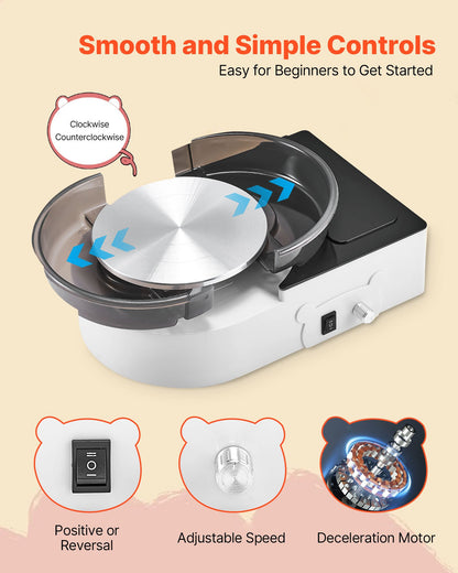 Mini Pottery Wheel, 158 mm Turntable, Forward and Reverse Rotation, Adjustable Speed, Electric Clay Wheel for Kids and Adults, with Clay Shaping Tools, for Home DIY, Pottery Classes, White