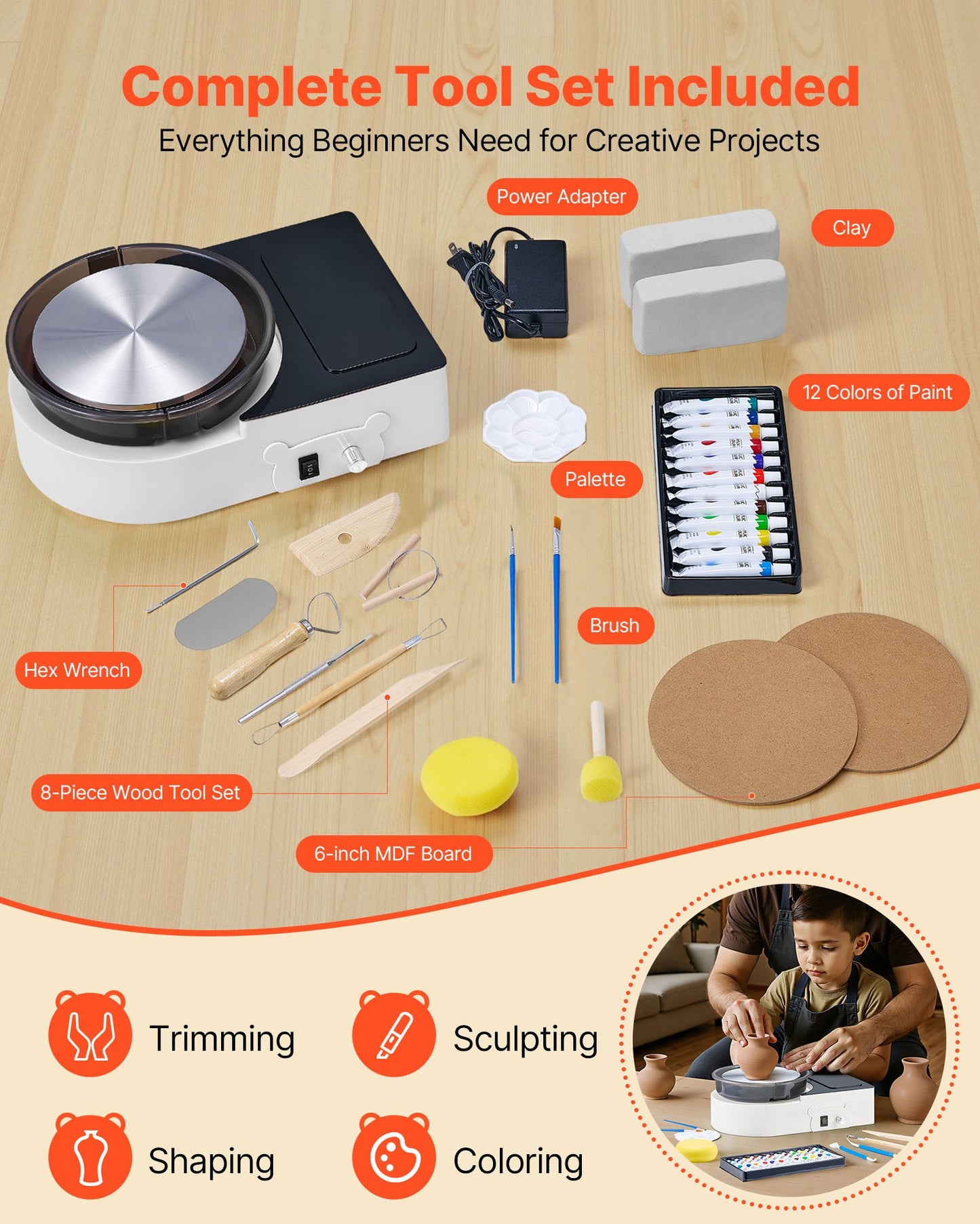 Mini Pottery Wheel, 158 mm Turntable, Forward and Reverse Rotation, Adjustable Speed, Electric Clay Wheel for Kids and Adults, with Clay Shaping Tools, for Home DIY, Pottery Classes, White