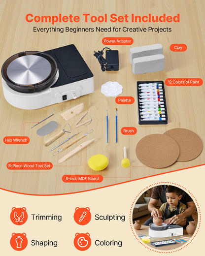 Mini Pottery Wheel, 158 mm Turntable, Forward and Reverse Rotation, Adjustable Speed, Electric Clay Wheel for Kids and Adults, with Clay Shaping Tools, for Home DIY, Pottery Classes, White