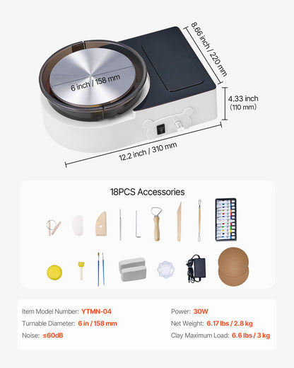 Mini Pottery Wheel, 158 mm Turntable, Forward and Reverse Rotation, Adjustable Speed, Electric Clay Wheel for Kids and Adults, with Clay Shaping Tools, for Home DIY, Pottery Classes, White