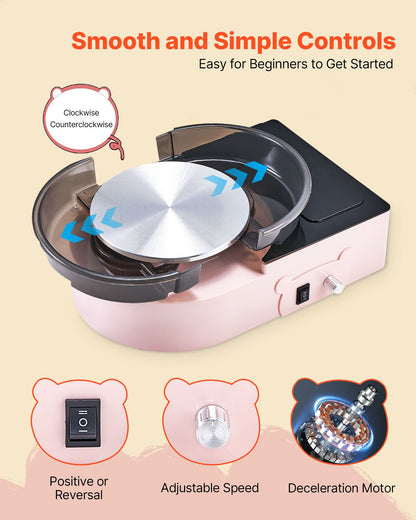 Mini keramikhjul, 158 mm roterande tallrik, framåt- och bakåtrotation, justerbar hastighet, elektrisk lerhjul för barn och vuxna, med lerformningsverktyg, för hemmafix, keramikkurser, rosa