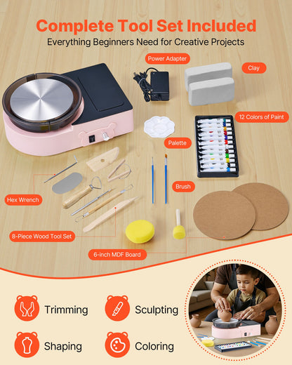 Mini keramikhjul, 158 mm roterande tallrik, framåt- och bakåtrotation, justerbar hastighet, elektrisk lerhjul för barn och vuxna, med lerformningsverktyg, för hemmafix, keramikkurser, rosa